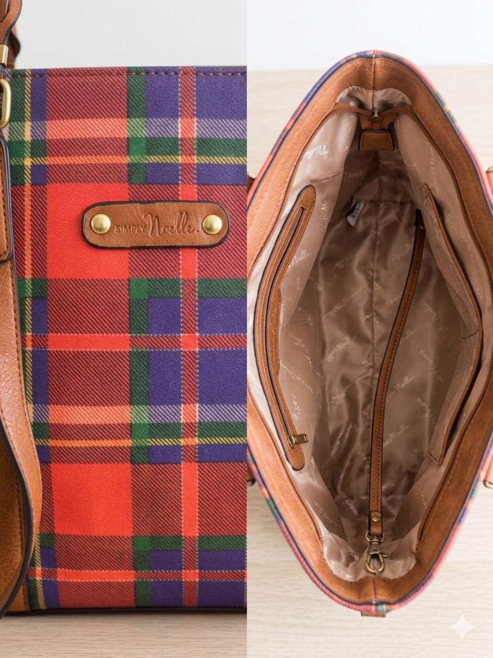 Simply Noelle Red Plaid Tote with Tan Trim and Green Accents